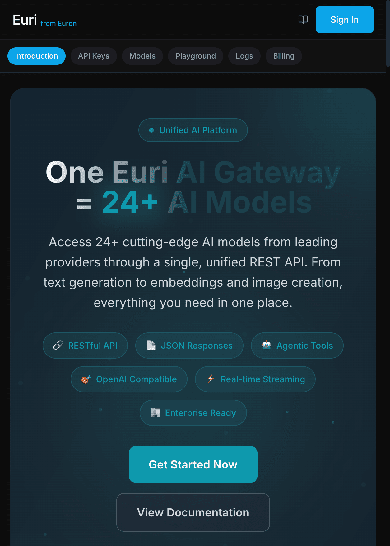 Euri G2: Dashboard with analytics, API keys, models, and Guard Rails